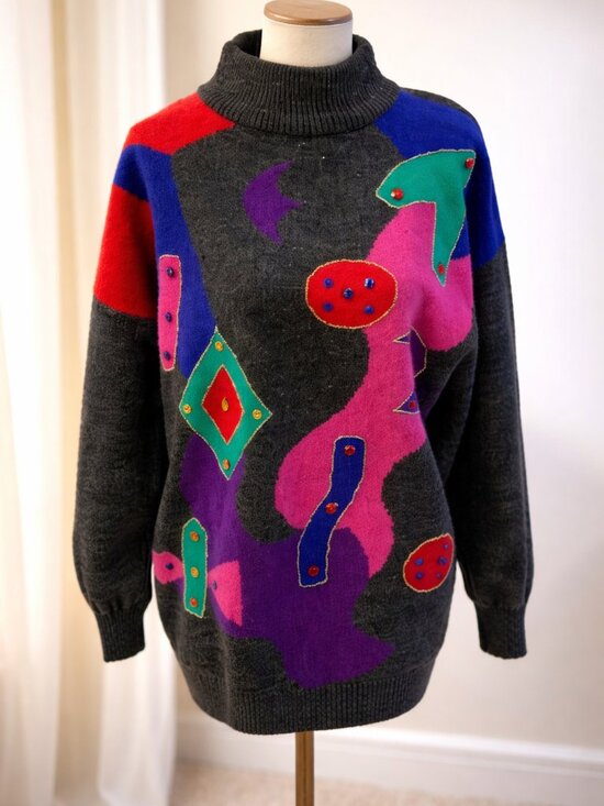 Cervelle Sweaters - Vintage Cervelle Grey Abstract Angora Blend Mock Turtleneck Sweater XL Colorful
